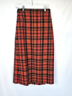 Scottish Kilt | Wool Tartan Wrap Skirt | Red Plaid | Adjustable Size S